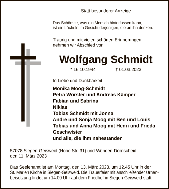 Traueranzeige von Wolfgang Schmidt von WA