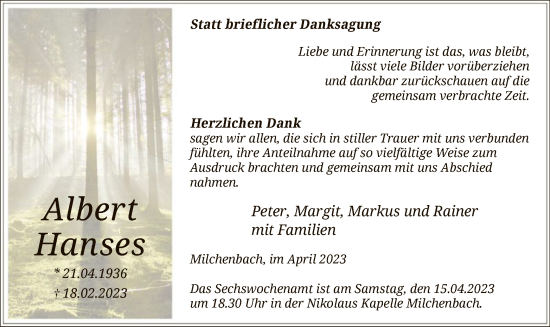 Traueranzeige von Albert Hanses von WA