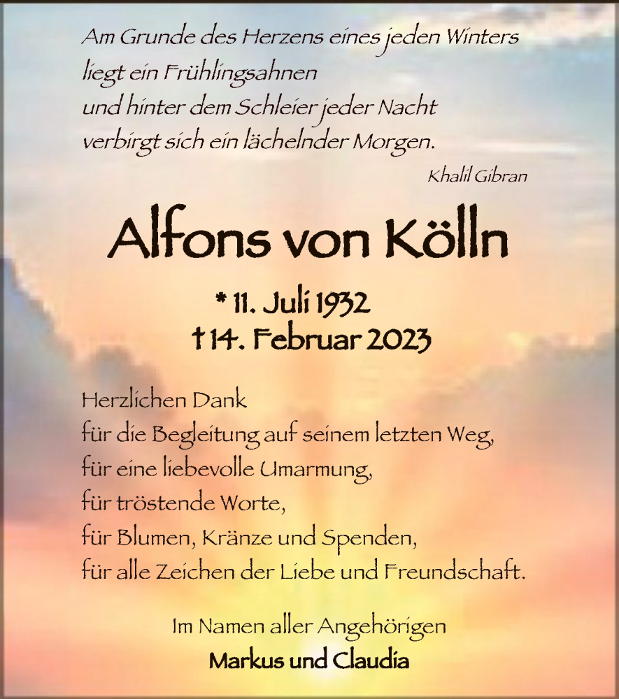  Traueranzeige für Alfons von Kölln vom 01.04.2023 aus WA