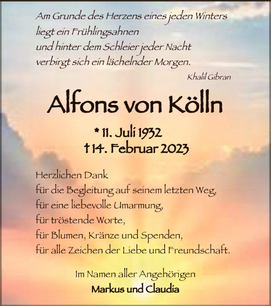 Traueranzeige von Alfons von Kölln von WA
