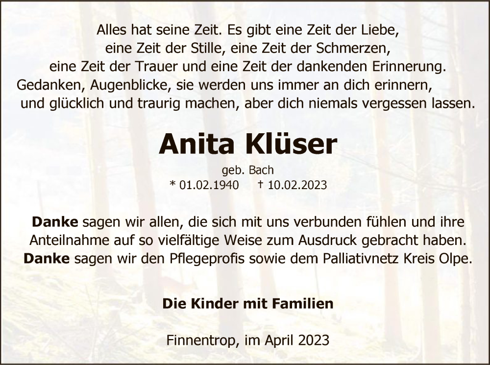 Traueranzeige für Anita Klüser vom 08.04.2023 aus WA