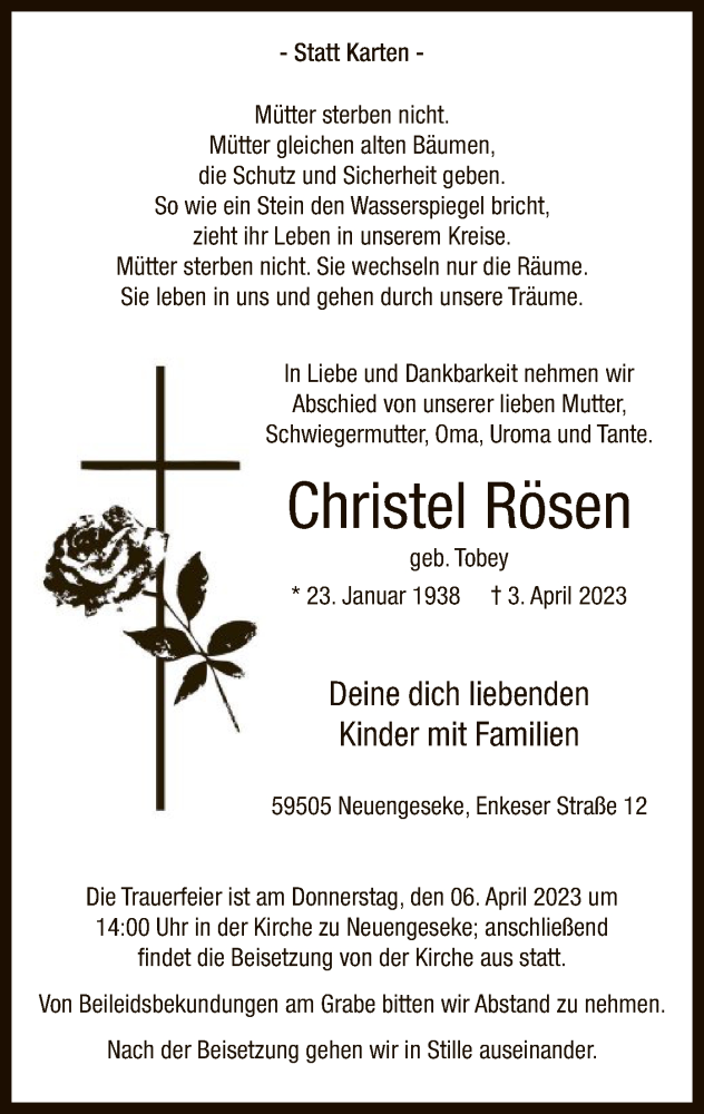  Traueranzeige für Christel Rösen vom 04.04.2023 aus WA