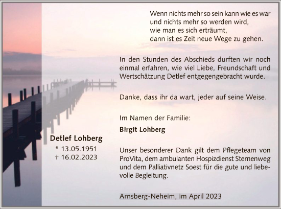 Traueranzeige von Detlef Lohberg von WA