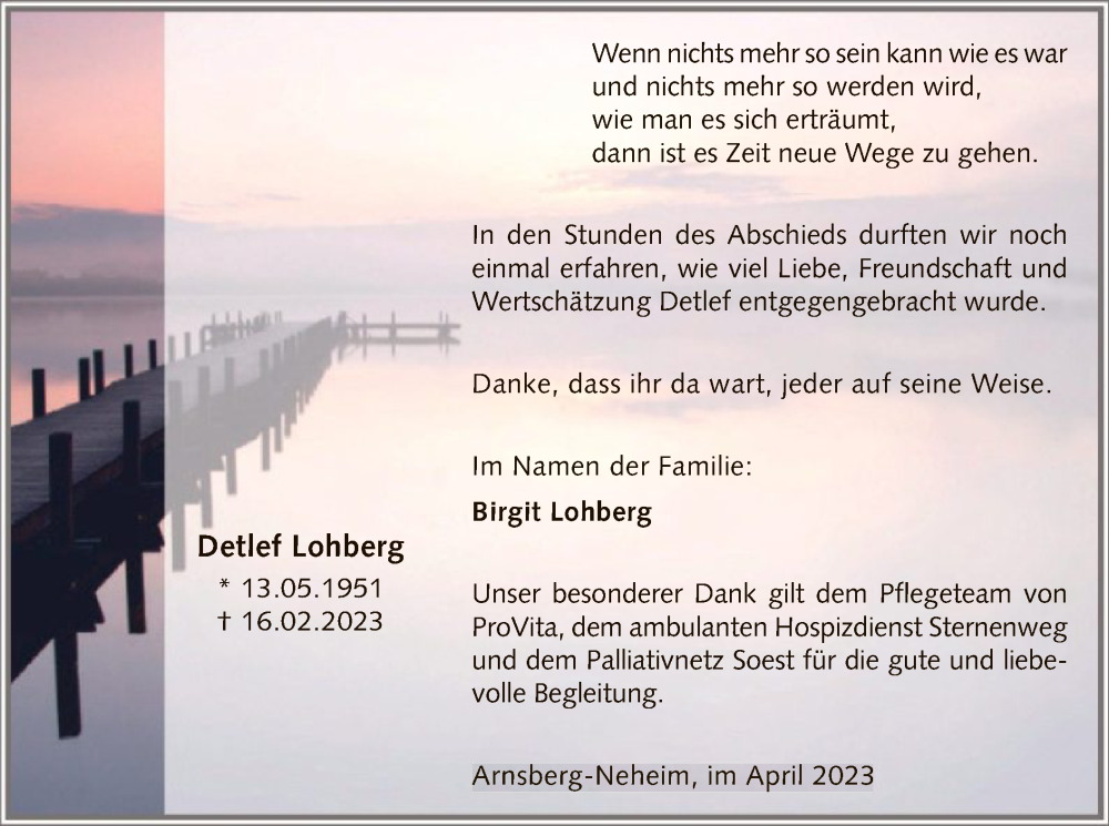  Traueranzeige für Detlef Lohberg vom 01.04.2023 aus WA