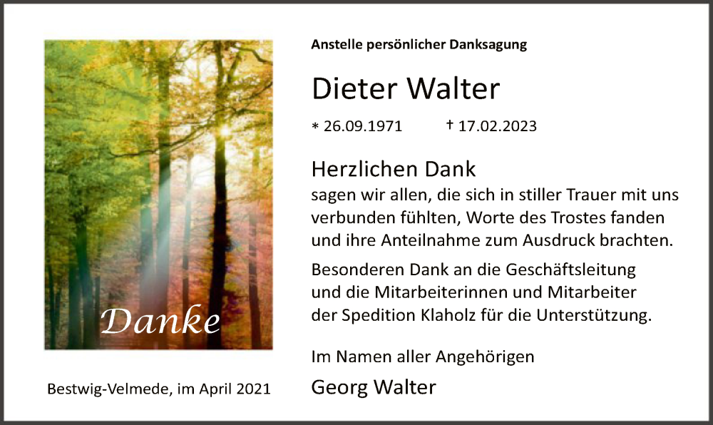  Traueranzeige für Dieter Walter vom 15.04.2023 aus WA