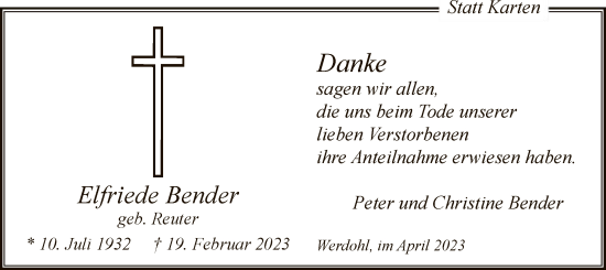 Traueranzeige von Elfriede Bender von WA