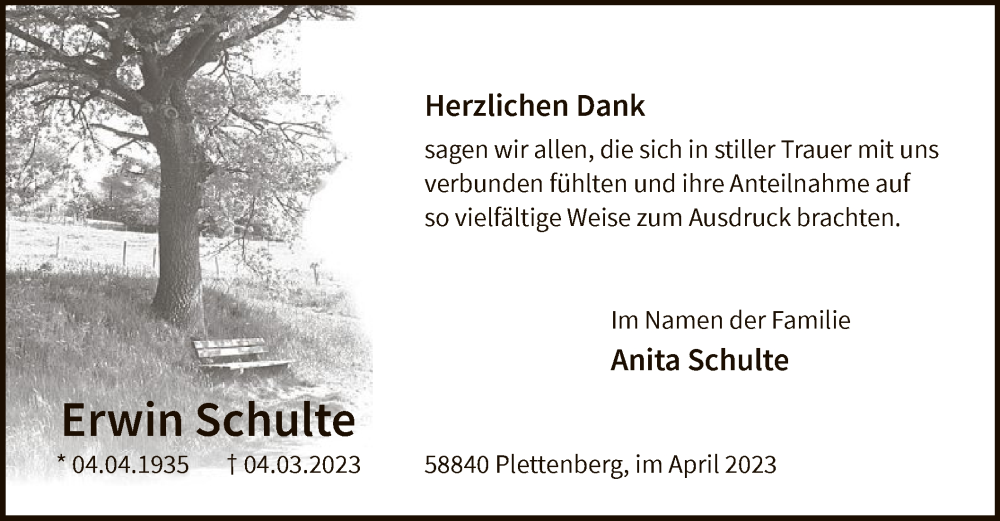  Traueranzeige für Erwin Schulte vom 15.04.2023 aus WA