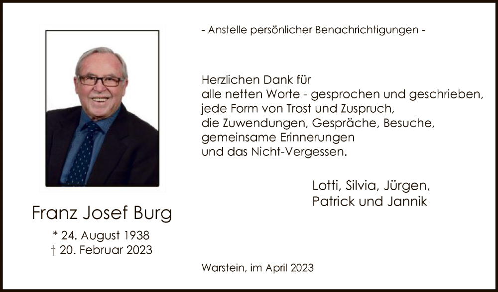  Traueranzeige für Franz Josef Burg vom 01.04.2023 aus WA
