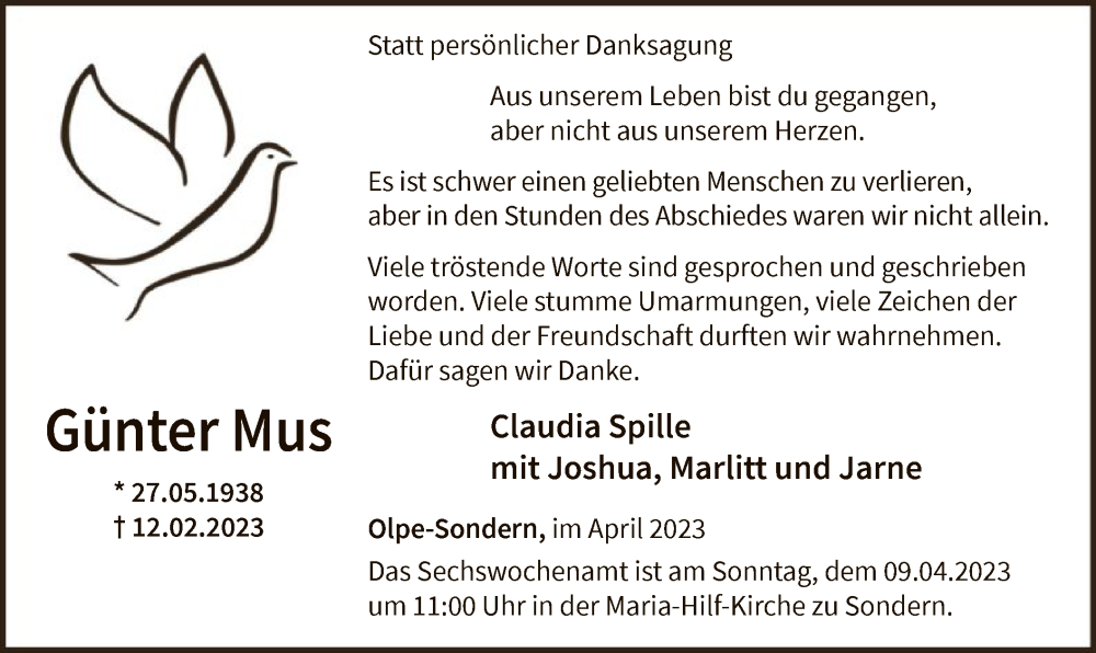  Traueranzeige für Günter Mus vom 01.04.2023 aus WA
