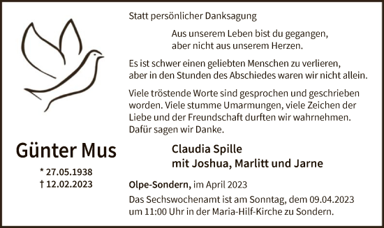 Traueranzeige von Günter Mus von WA