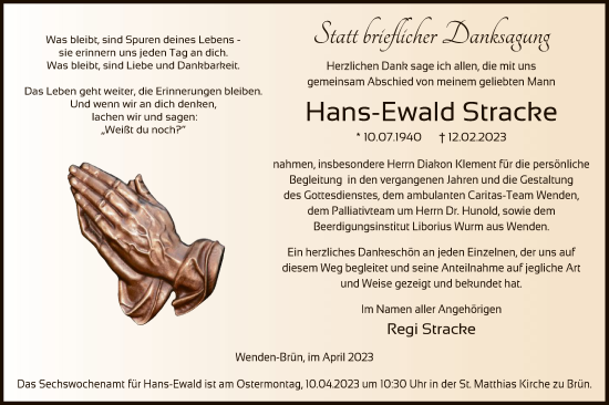 Traueranzeige von Hans-Ewald Stracke von WA