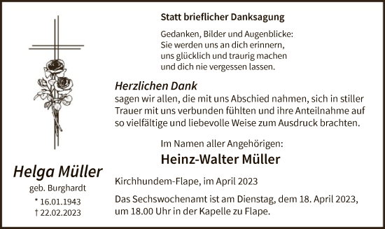 Traueranzeige von Helga Müller von WA