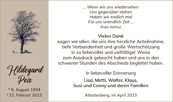 Traueranzeige von Hildegard Peis von WA