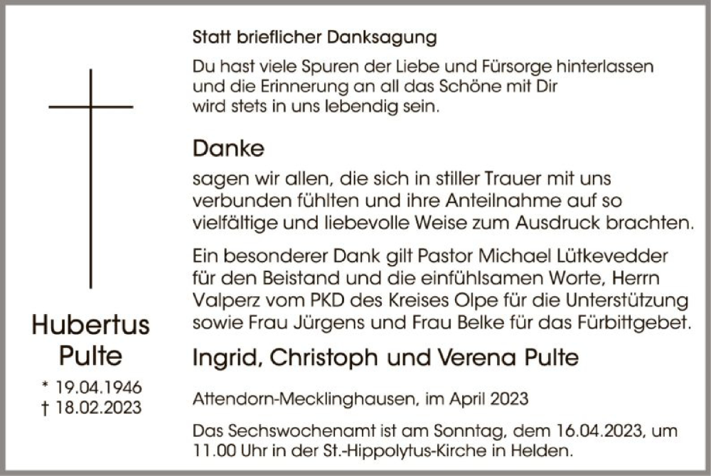  Traueranzeige für Hubertus Pulte vom 08.04.2023 aus WA