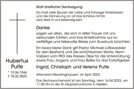 Traueranzeige von Hubertus Pulte von WA