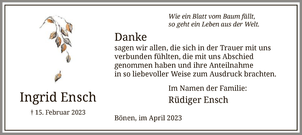  Traueranzeige für Ingrid Ensch vom 08.04.2023 aus WA