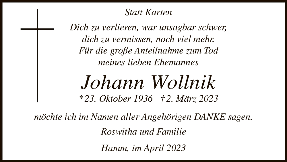  Traueranzeige für Johann Wollnik vom 01.04.2023 aus WA