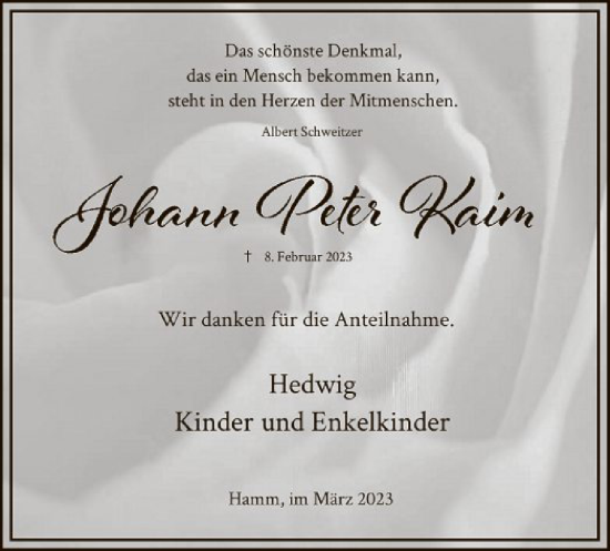 Traueranzeige von Johann Peter Kaim von WA