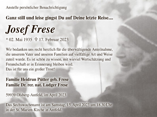 Traueranzeige von Josef Frese von WA
