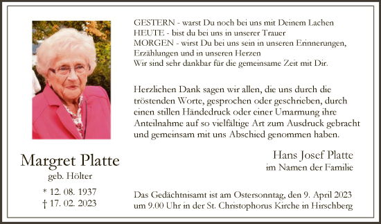 Traueranzeige von Margret Platte von WA