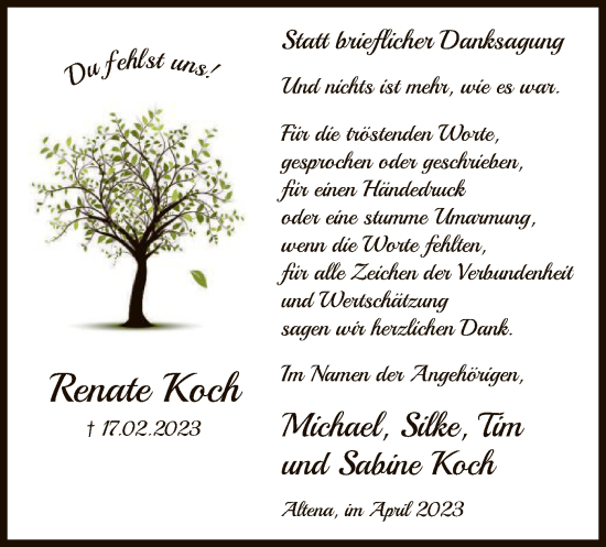 Traueranzeige von Renate Koch von WA