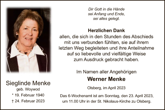 Traueranzeige von Sieglinde Menke von WA
