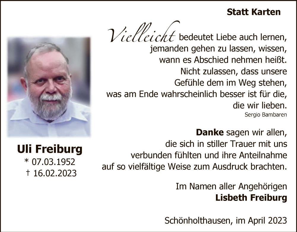  Traueranzeige für Uli Freiburg vom 15.04.2023 aus WA