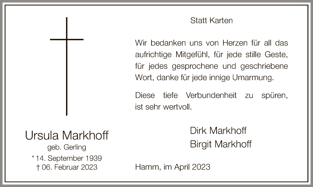  Traueranzeige für Ursula Markhoff vom 15.04.2023 aus WA