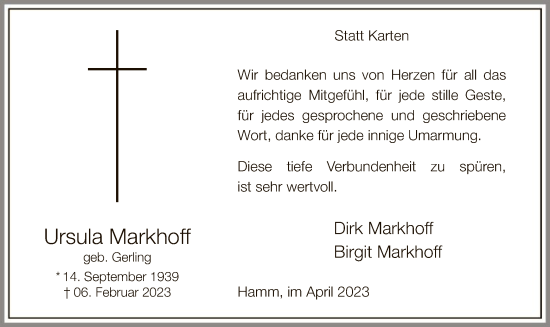 Traueranzeige von Ursula Markhoff von WA