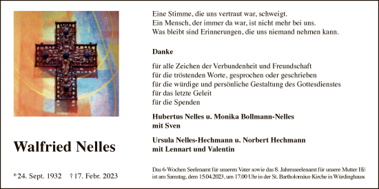 Traueranzeige von Walfried Nelles von WA