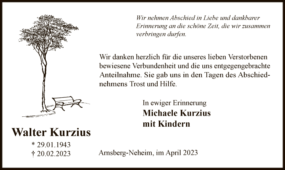  Traueranzeige für Walter Kurzius vom 01.04.2023 aus WA