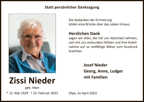 Traueranzeige von Zissi Nieder von WA