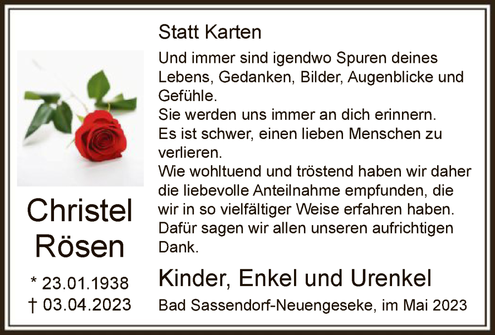  Traueranzeige für Christel Rösen vom 10.05.2023 aus WA