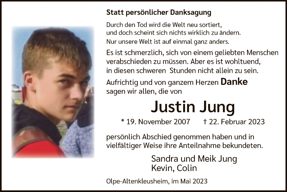  Traueranzeige für Justin Jung vom 06.05.2023 aus WA