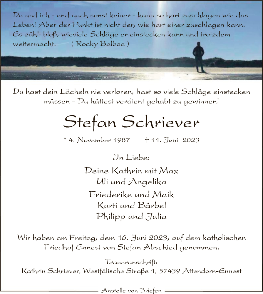 Traueranzeige für Stefan Schriever vom 17.06.2023 aus WA