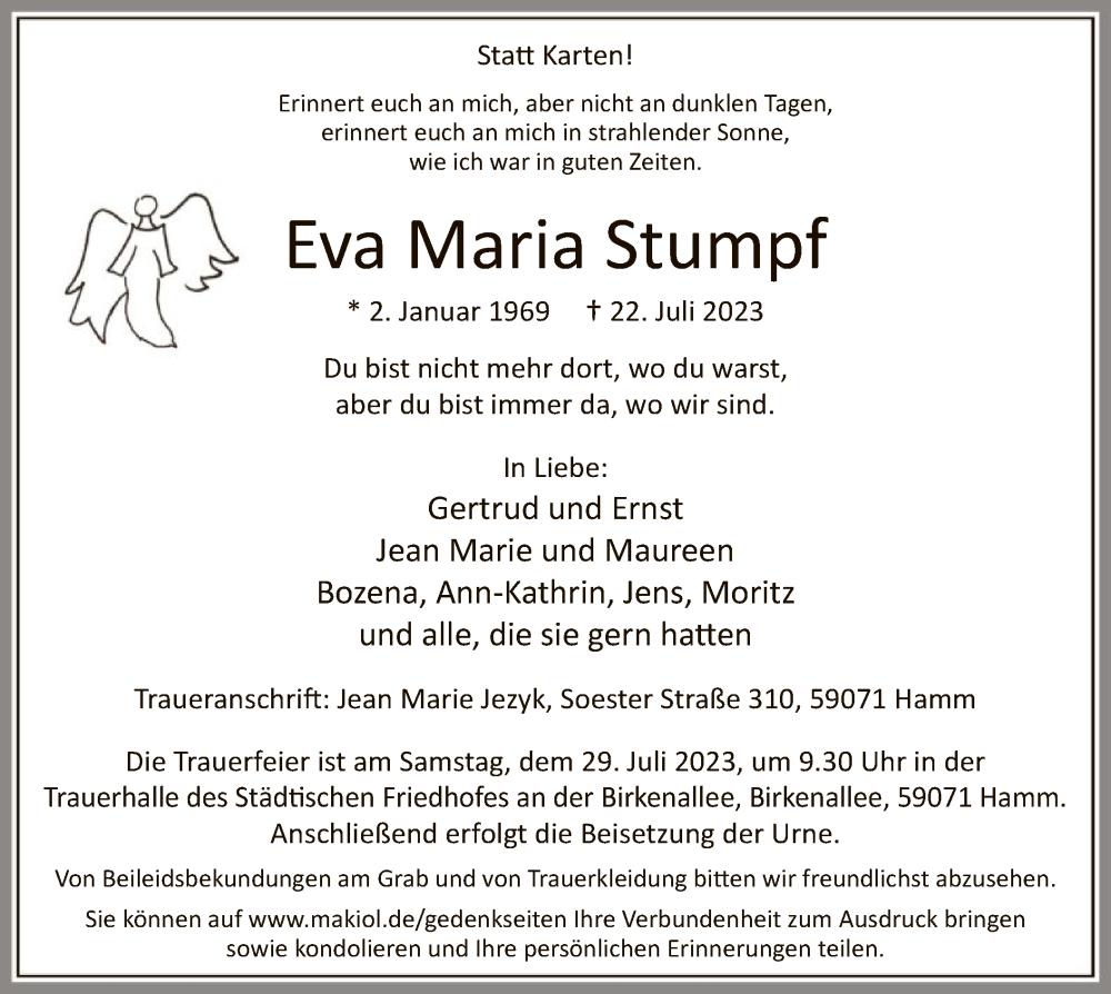  Traueranzeige für Eva Maria Stumpf vom 27.07.2023 aus WA