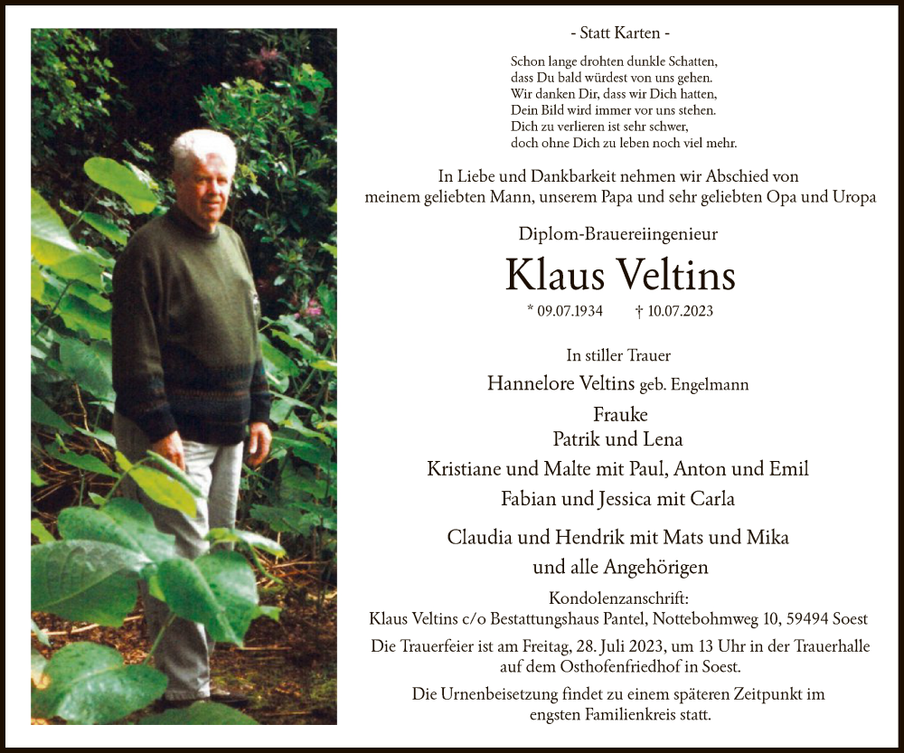  Traueranzeige für Klaus Veltins vom 22.07.2023 aus WA