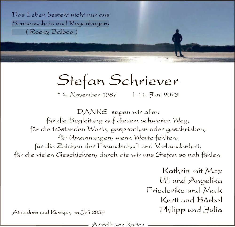  Traueranzeige für Stefan Schriever vom 29.07.2023 aus WA