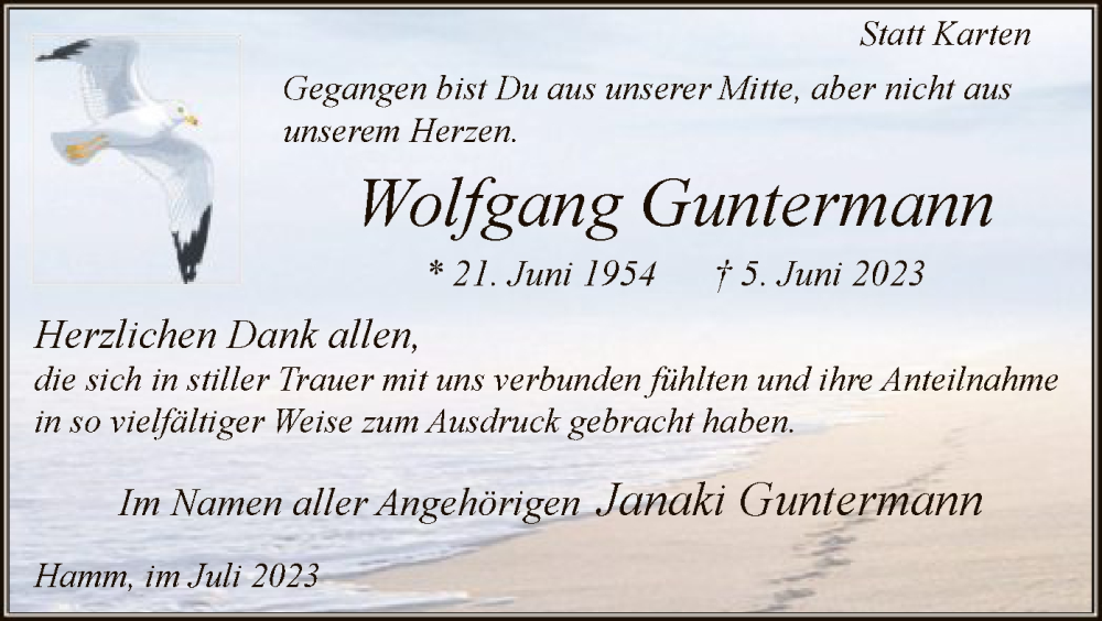  Traueranzeige für Wolfgang Guntermann vom 08.07.2023 aus WA