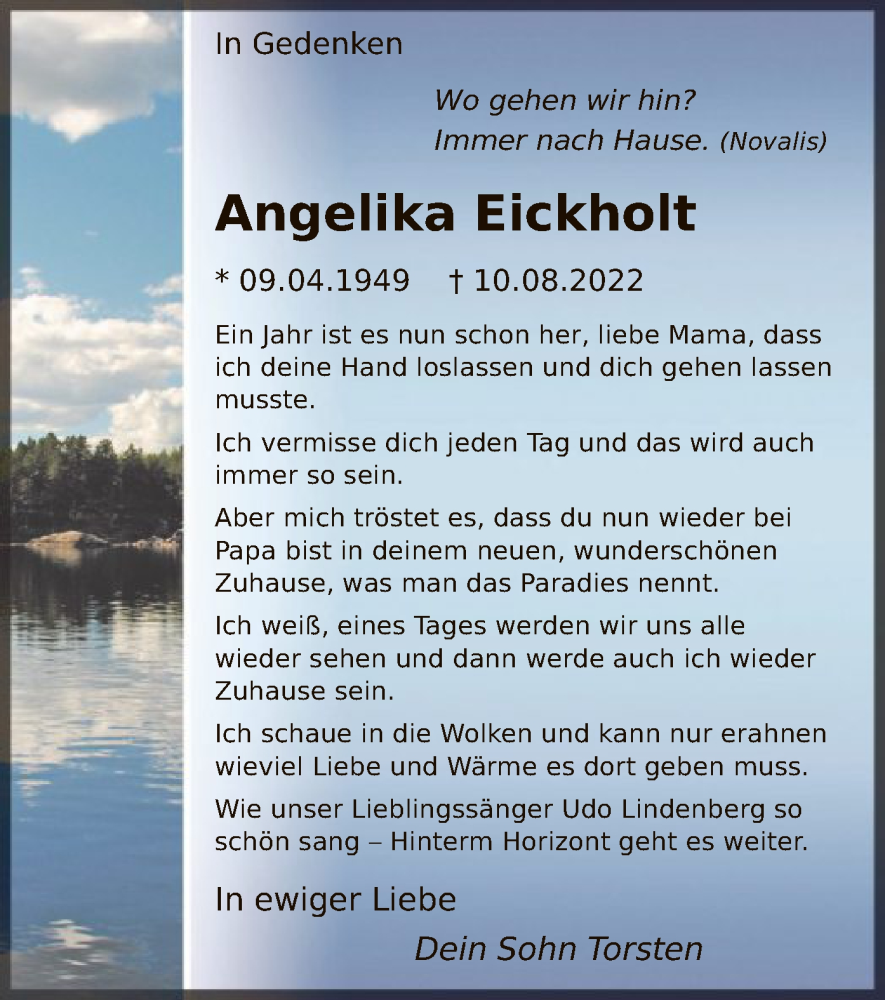  Traueranzeige für Angelika Eickholt vom 10.08.2023 aus WA