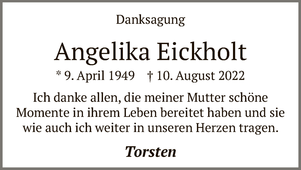  Traueranzeige für Angelika Eickholt vom 12.08.2023 aus WA