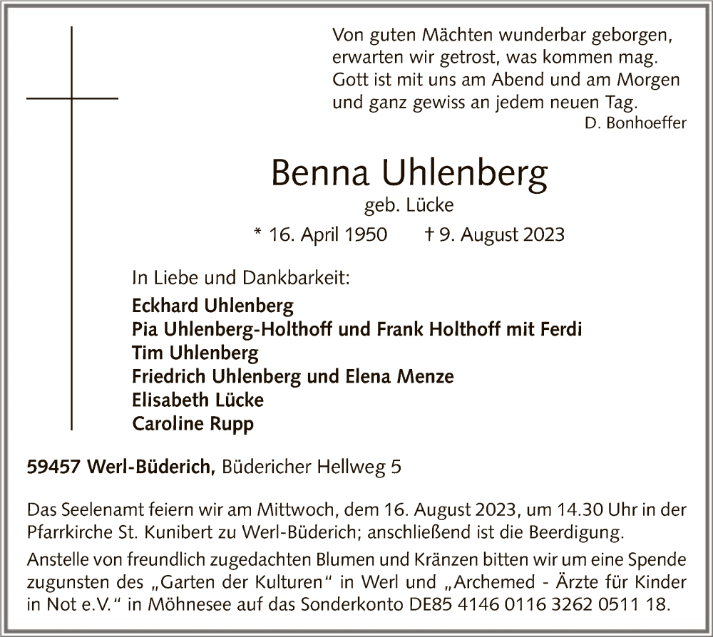  Traueranzeige für Benna Uhlenberg vom 11.08.2023 aus WA