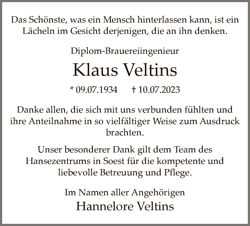  Traueranzeige für Klaus Veltins vom 26.08.2023 aus WA