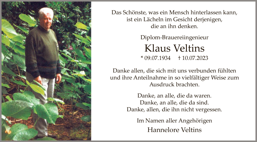  Traueranzeige für Klaus Veltins vom 19.08.2023 aus WA