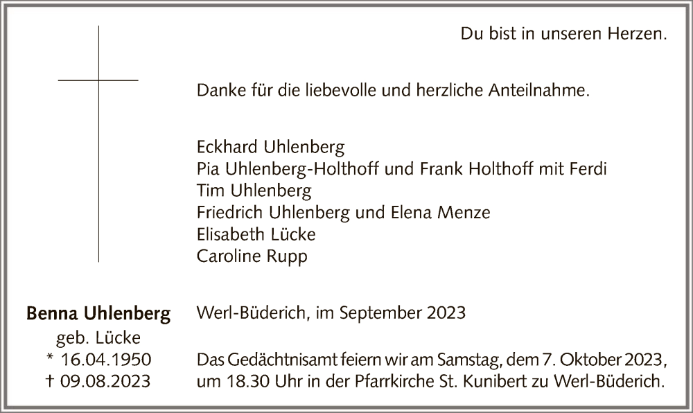  Traueranzeige für Benna Uhlenberg vom 29.09.2023 aus WA