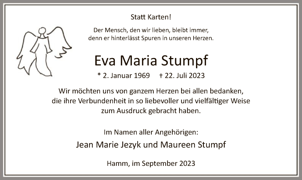  Traueranzeige für Eva Maria Stumpf vom 16.09.2023 aus WA