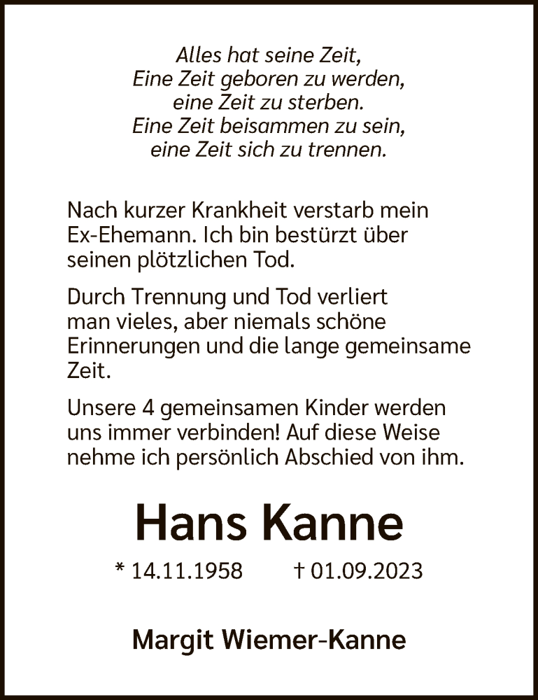 Traueranzeige für Hans Kanne vom 09.09.2023 aus WA