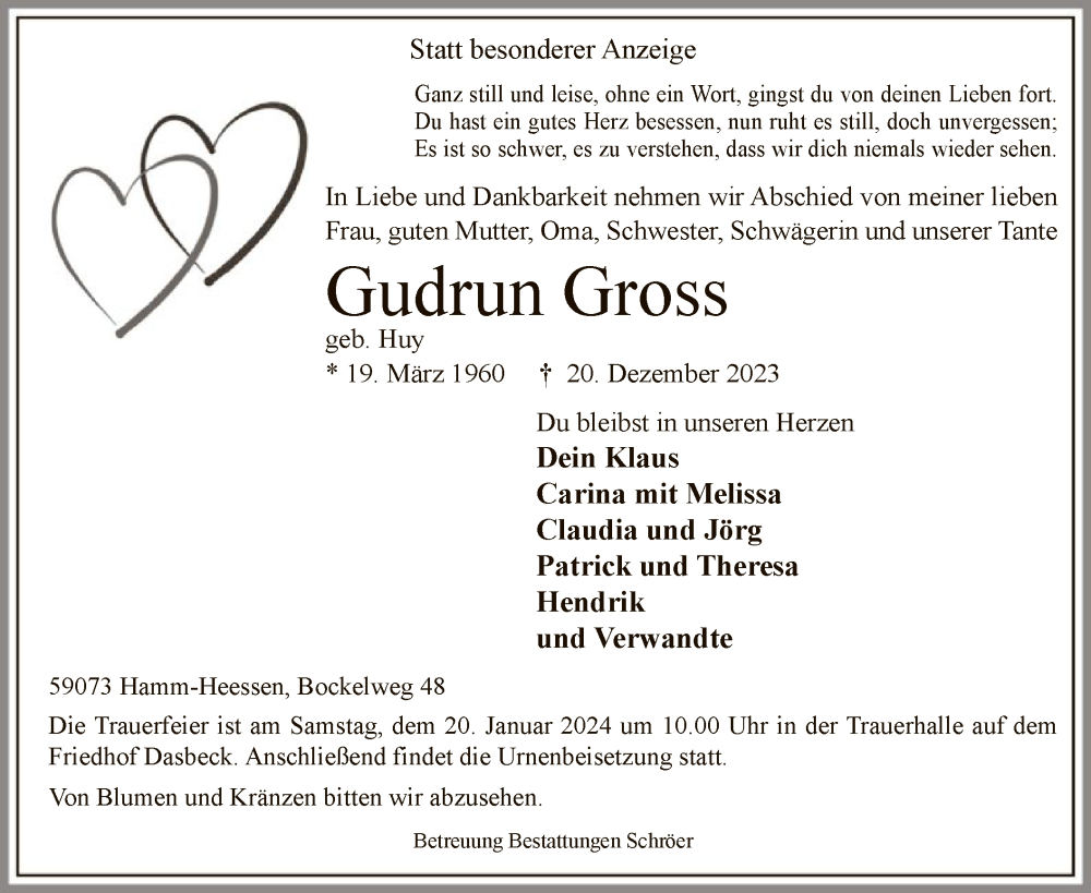  Traueranzeige für Gudrun Gross vom 13.01.2024 aus WA