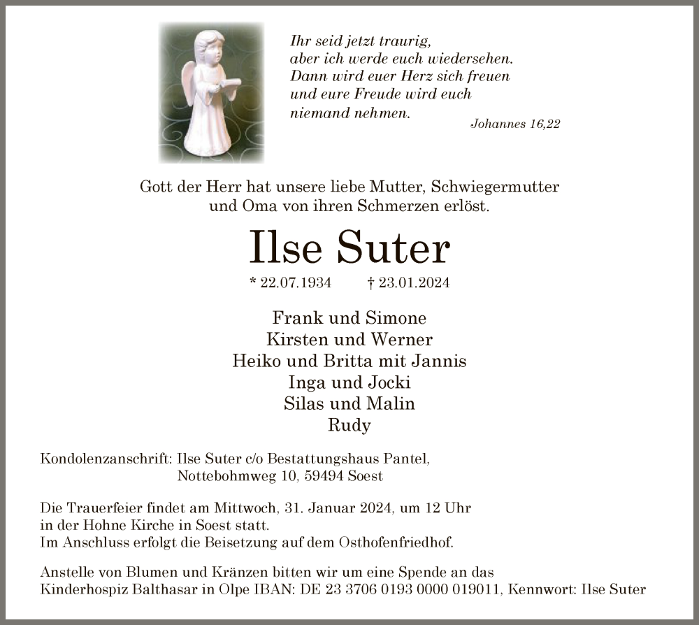  Traueranzeige für Ilse Suter vom 27.01.2024 aus WA