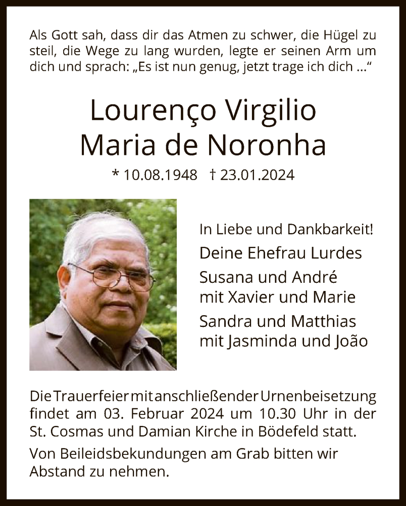 Traueranzeige für Lourenco Virgilio Maria  de Noronha vom 27.01.2024 aus WA